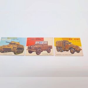 1954 Topps Car Card Set 3 Military Vehicles Land Rover, 2-1/2 Ton M 24 Tank